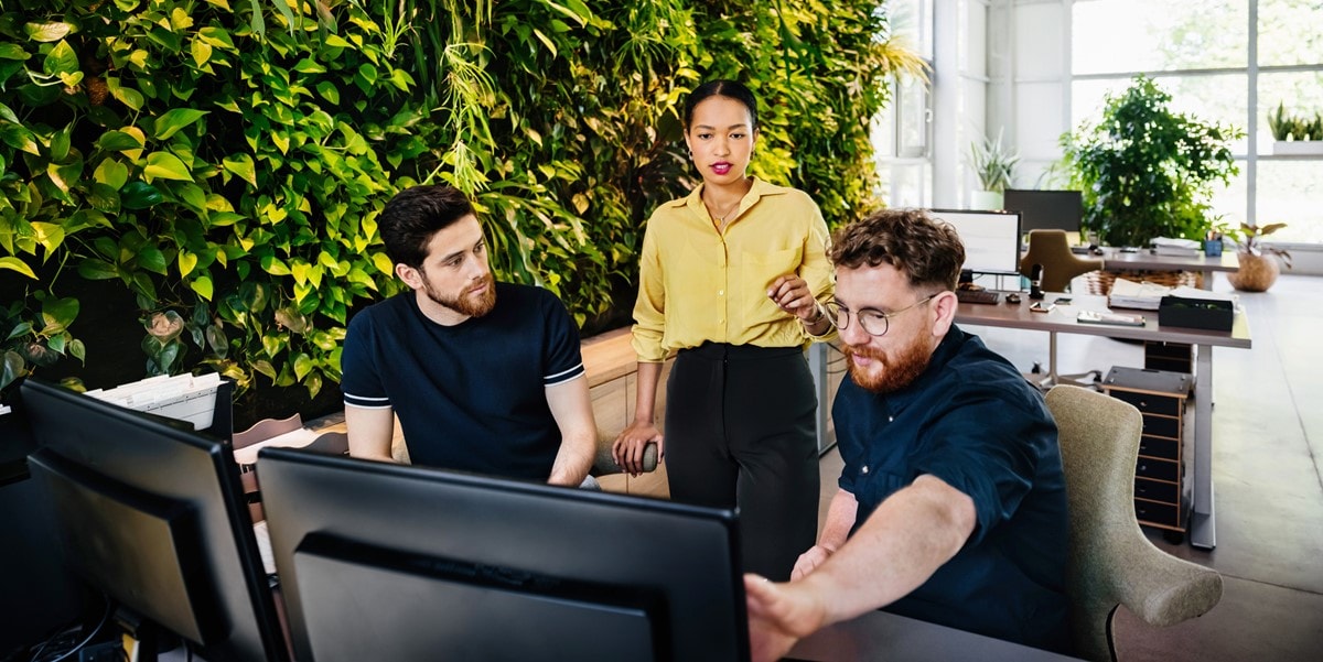 group of 3 professionals looking at computer together